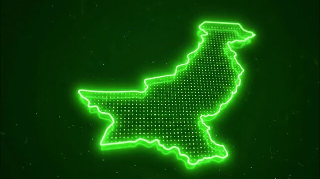 Digital map of pakistan outlined in bright neon green light with a dotted texture on a dark green background symbolizing technology and connectivity