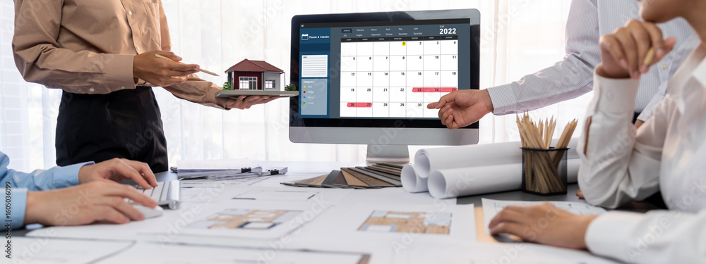 Poster group of interior architect designer discussing together on blueprint and laptop screen display arch