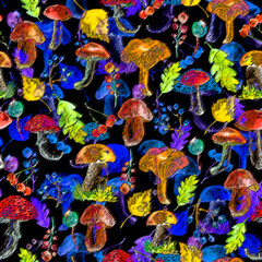 Seamless watercolor pattern, background with a picture of forest mushrooms, berries, autumn leaves, plants. lingonberry, cranberry, blueberry. Vintage illustration for a variety of designs.
