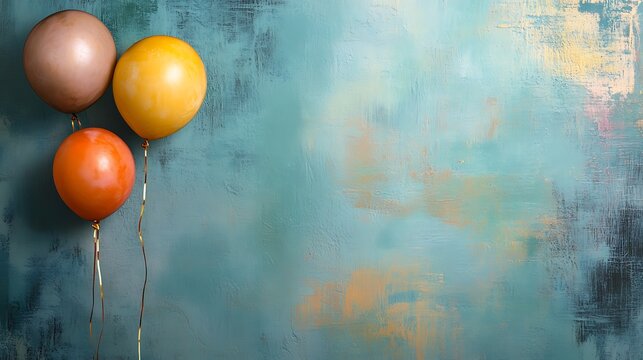 Three colorful balloons on textured teal background