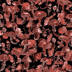Seamless watercolor pattern, background with a picture of forest mushrooms, berries, autumn leaves, plants. lingonberry, cranberry, blueberry. Vintage illustration for a variety of designs.