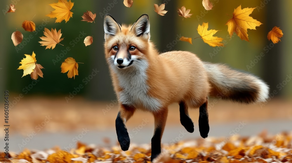 Poster fox is running through a field of leaves. the leaves are falling from the trees and the fox is in th