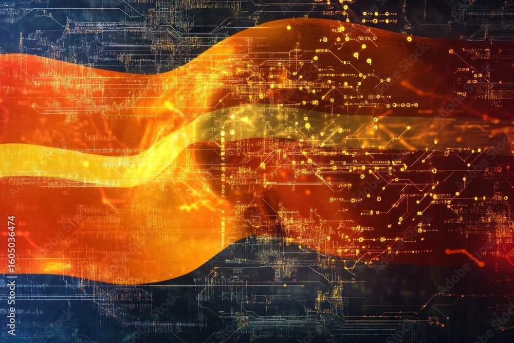 Poster exploring the fusion of bhutan's flag with data processing technology for digital representation, fl