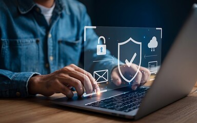 Person using laptop with digital security interface 1