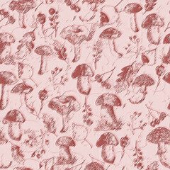 Seamless watercolor pattern, background with a picture of forest mushrooms, berries, autumn leaves, plants. lingonberry, cranberry, blueberry. Vintage illustration for a variety of designs.