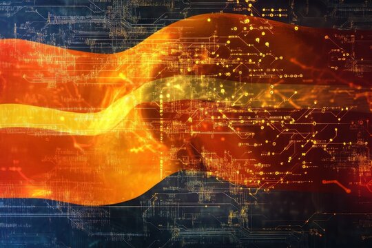 Exploring the fusion of Bhutan's flag with data processing technology for digital representation, flag of bhutan over data processing