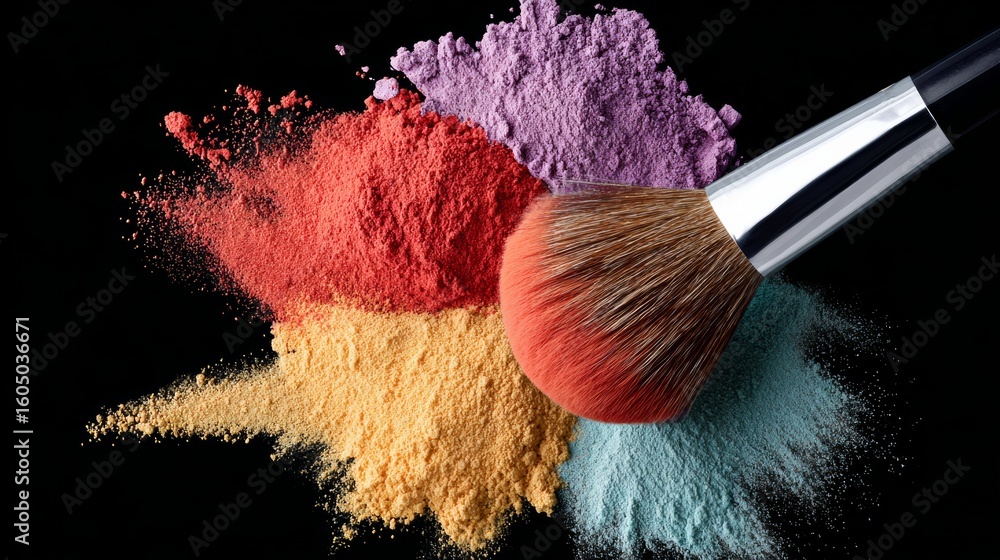 Aufkleber makeup brush is surrounded by a colorful array of powders. the brush is the main focus of the image,