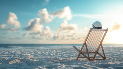 Beach scene featuring a deck chair with a helmet resting on it under a cloudy blue sky at sunset