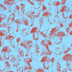Seamless watercolor pattern, background with a picture of forest mushrooms, berries, autumn leaves, plants. lingonberry, cranberry, blueberry. Vintage illustration for a variety of designs.