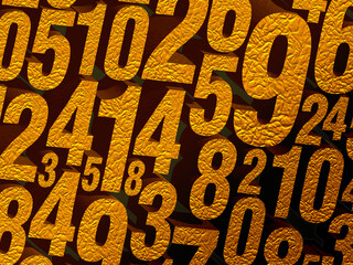 gold numbers of many sizes stacked on top of each other on black and red background, business, decor, fashion, copy space