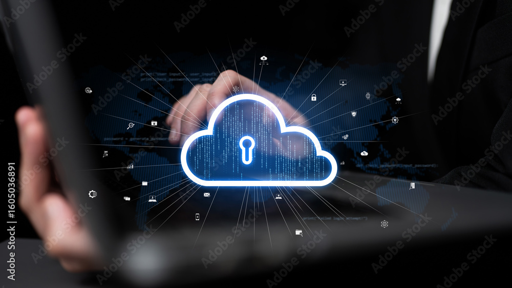 Poster cloud computing enables digital growth with secure data storage, scalable infrastructure, and strate