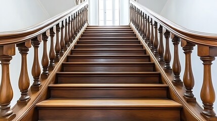 An elegant wooden stairway with intricate balusters and a glossy banister, showcasing timeless craftsmanship.








