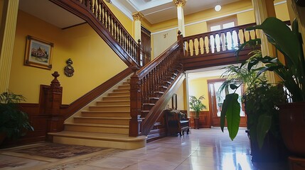 An elegant wooden stairway with intricate balusters and a glossy banister, showcasing timeless craftsmanship.








