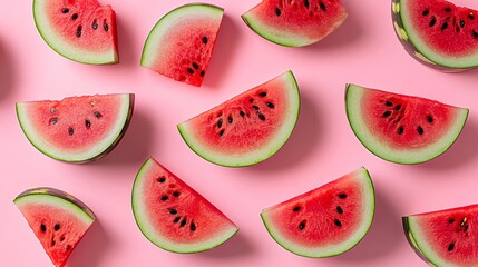 Slices of ripe watermelon arranged on pink background
