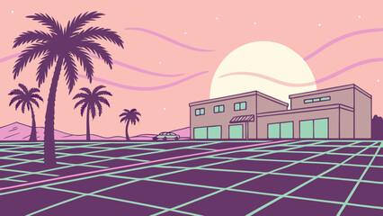 Obraz premium Retro cityscape with palm trees, a building, car, grid floor and a large sun in a pastel color scheme