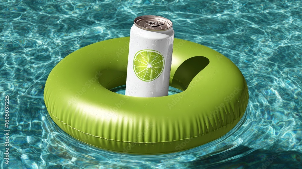 Poster can of soda is floating in a green inflatable pool. the can is upside down and the lime on the can i