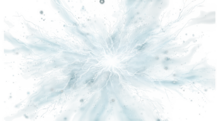 A cool abstract fractal burst of white and light blue energy with delicate tendrils and scattered particles on a transparent background