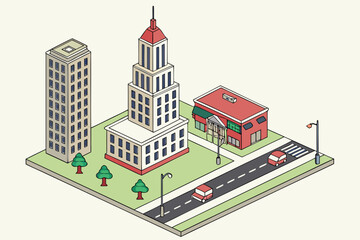 Isometric view of a city block with buildings trees cars street lights and a road with crosswalks shown