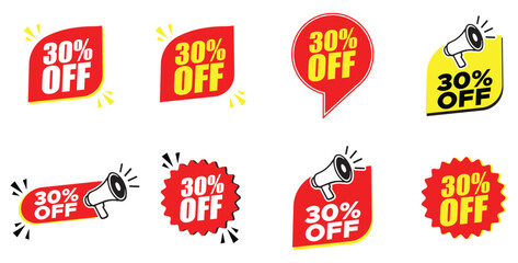 30% Off Sticker Set – 30% Off Discount Labels with Megaphone Icons for Promotions