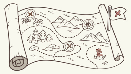 Illustration of a vintage treasure map with a dotted path and various landmarks on a rolled parchment