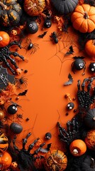 Halloween background with pumpkins spiders and bats with copy space - Vertical image - AI generative model