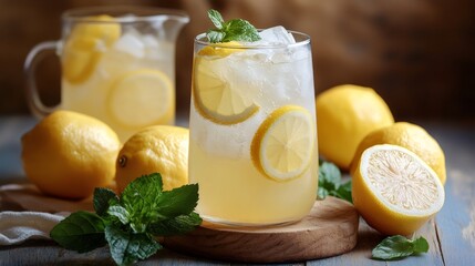 Fototapeta premium Refreshing lemonade with ice, mint, and fresh lemons