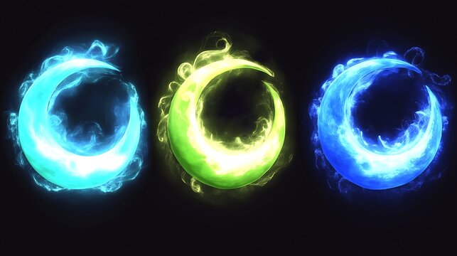 Three glowing crescent moons, vibrant colors, ethereal