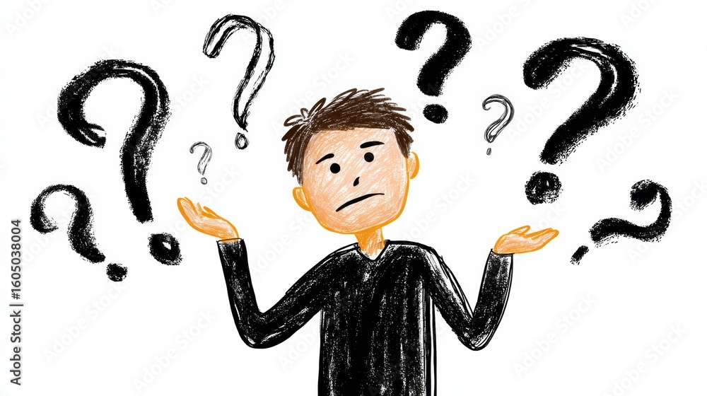 Aufkleber man is drawing a picture of a man with a question mark on his face. the drawing is in black and whit