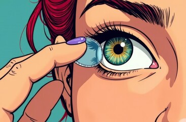 Girl putting on soft contact lens close up, holding contact lens near eye