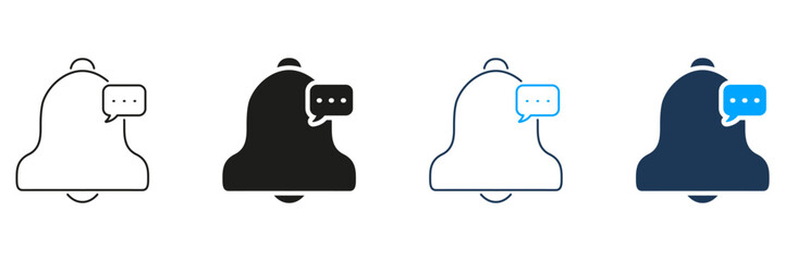 Notification Bell With Chat Bubble Line And Solid Icon Set. Alert Messaging And Communication Symbol Collection. Reminder And Update Notification Design. Isolated Vector Illustration