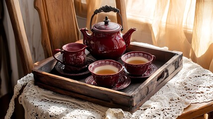 A rustic wooden tray holds a teapot and matching cups, resting on a lace doily for cozy tea time.

