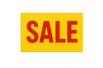 Red sale writing on yellow rectangular sign on a transparent background, ideal for promoting discounts and special offers