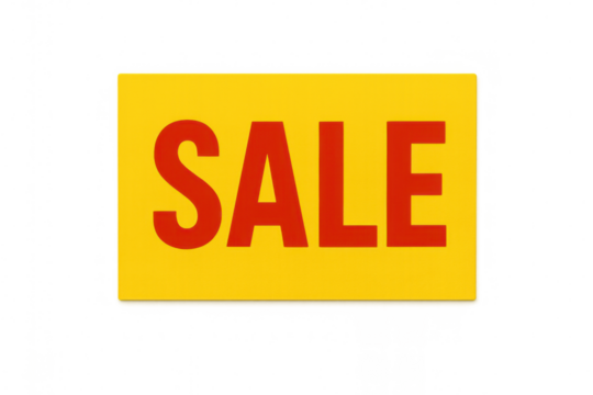 Red sale writing on yellow rectangular sign on a transparent background, ideal for promoting discounts and special offers