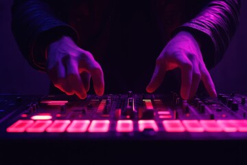 Nighttime DJ performance with hands mixing music on a vibrant control panel, Hands of DJ mixing music on a desk panel in the nightclub, slider shot