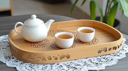 A rustic wooden tray holds a teapot and matching cups, resting on a lace doily for cozy tea time.

