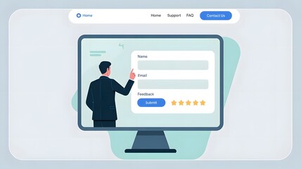 Digital feedback form interface, Businessman interacting with virtual online form. Perfect for customer feedback, survey UI, contact forms, digital on boarding, user experience in web applications.