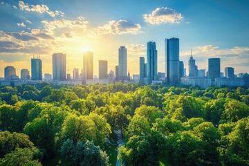 Urban landscape with lush parkland at sunset.