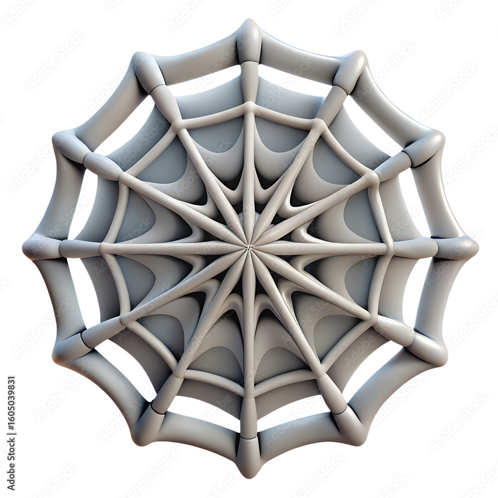 Poster a detailed 3d render of a stylized spider web with intricate radial patterns and a central hub isola