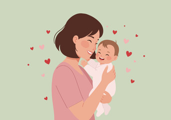 Mother and baby illustration with mother gently holding her baby in a warm floral background, capturing maternal love and tenderness