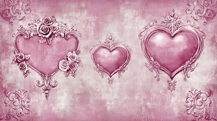 Three ornate, pastel pink hearts on a textured background