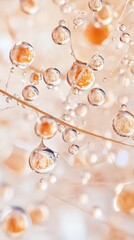 Delicate water droplets cling to thin strands. Spherical drops reflect the background color. Gentle peach tones in the bokeh light. Close up macro view.