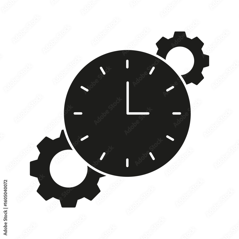 Poster clock with gears solid icon. time management, efficiency, and productivity enhancement silhouette sy