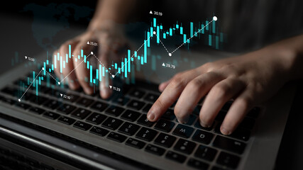 Stock market analysis with candlestick chart and price movement trend line, highlighting global...