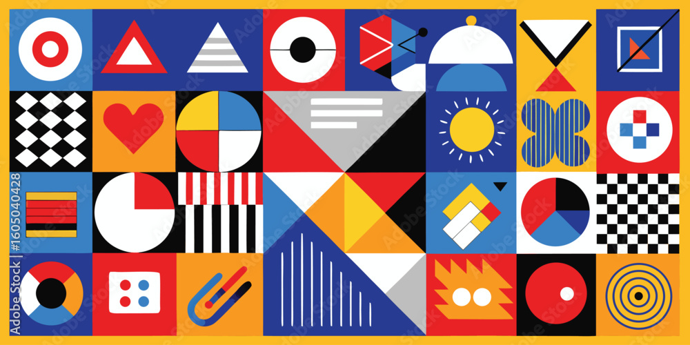 Poster a bright and diverse pattern composed of different shapes and colors, offering a cheerful and artist