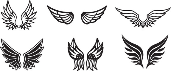 Collection of stylized angel wings designs in black and white outline
