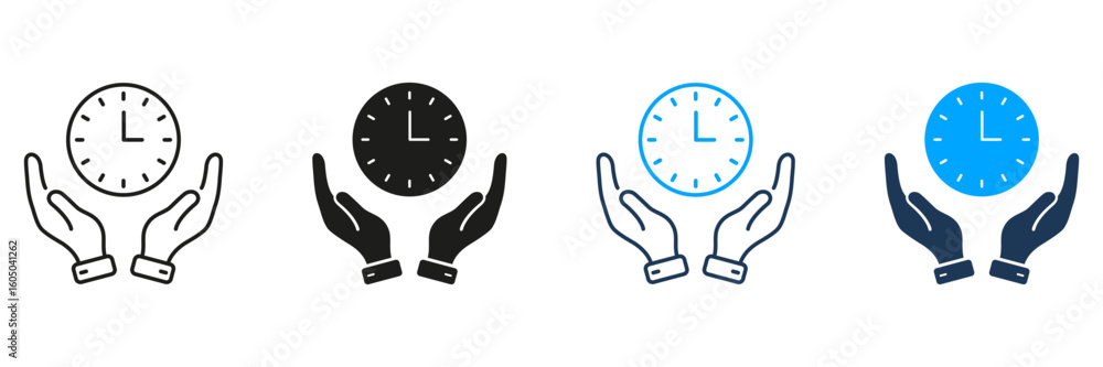 Poster hands holding clock line and solid icon set. time management, efficiency, and productivity symbol co