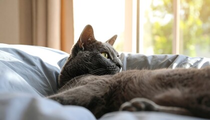 Gray cat relaxing on bed near window