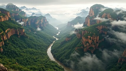 Lush green landscape with river winding through tall rocky cliffs and foggy mountain peaks on a cloudy day.