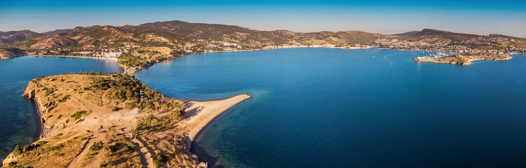 Aerial panoramic view of the Mediterranean sea touching the Turkish coast near Foca, Izmir on a...