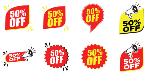 50% Off Sticker Set – 50% Off Discount Labels with Megaphone Icons for Promotions